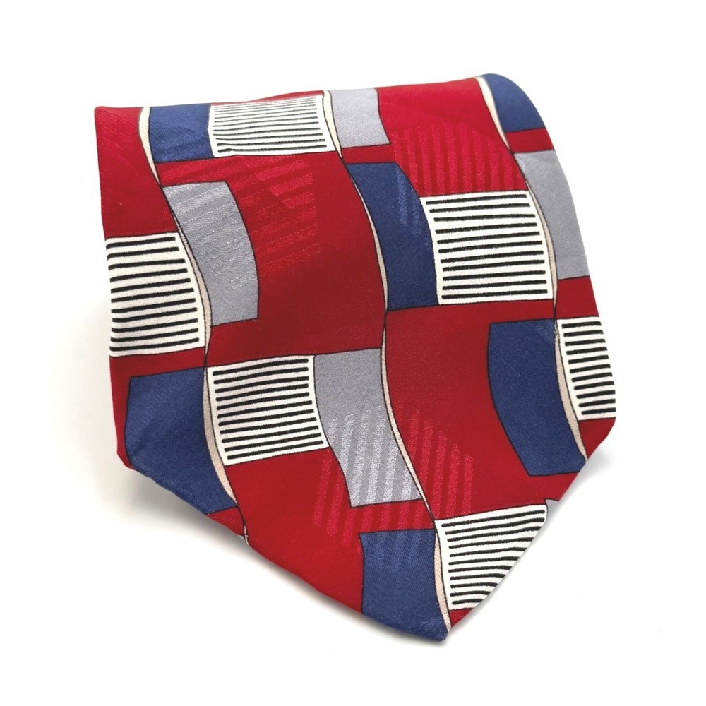 John Henry Mens Silk Tie Red Blue Grey Geometric Abstract Vintage Made in USA